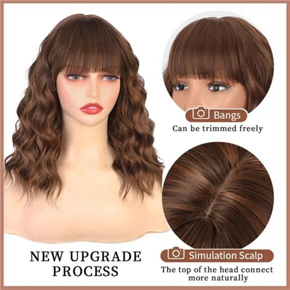 Shoulder Length Curly Bob Wigs Brown Highlight - Picture 2 of 5